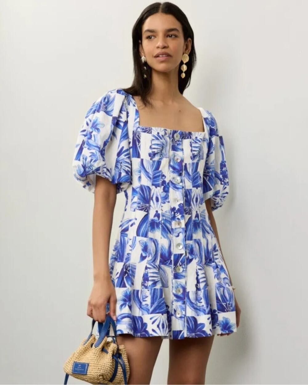 Farm Rio Garden Tiles Dress Linen Blend Floral Puff Sleeve Mini Blue White M